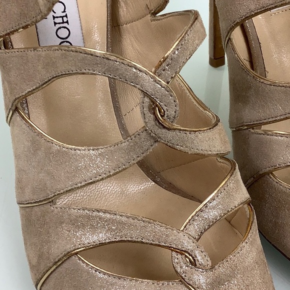 Jimmy Choo Leash Shimmery Cutout Peep toe back zipper Sand Sandal size 36.5 EUC - Picture 7 of 16